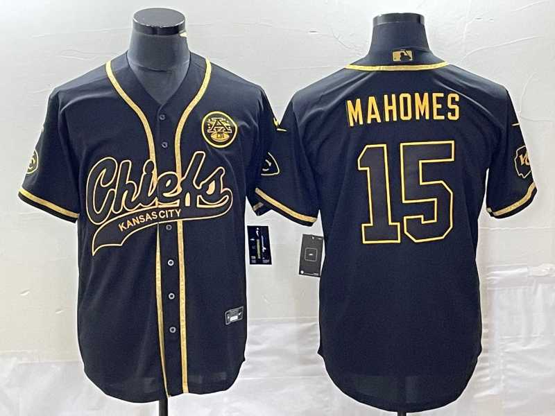 Men's Kansas City Chiefs #15 Patrick Mahomes Black Gold Super Bowl LVII Cool Base Stitched Baseball Jersey